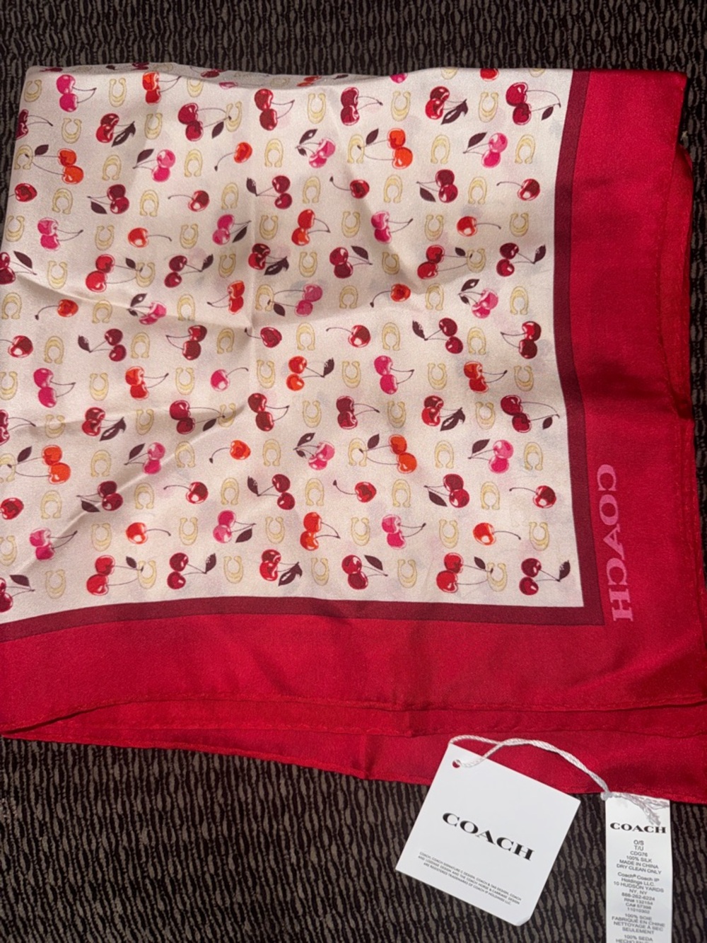 Coach Kids Cherry Print Square Scarf in Red and Cream - Picture 5 of 5